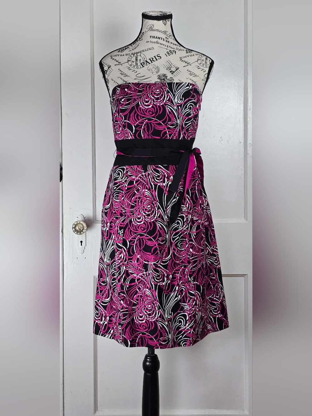 LOFT Strapless Black and Pink Floral Abstract Dress 6